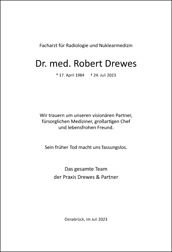 Traueranzeige von Robert Drewes von Neue Osnabrücker Zeitung GmbH & Co. KG