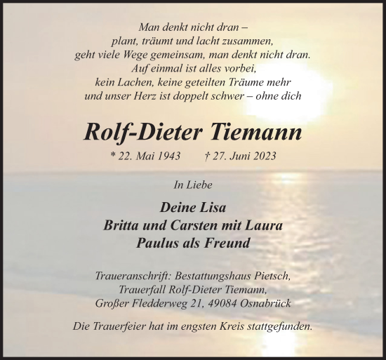 Traueranzeige von Rolf-Dieter Tiemann von Neue Osnabrücker Zeitung GmbH & Co. KG