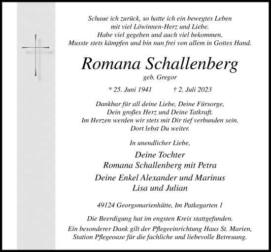Traueranzeige von Romana Schallenberg von Neue Osnabrücker Zeitung GmbH & Co. KG