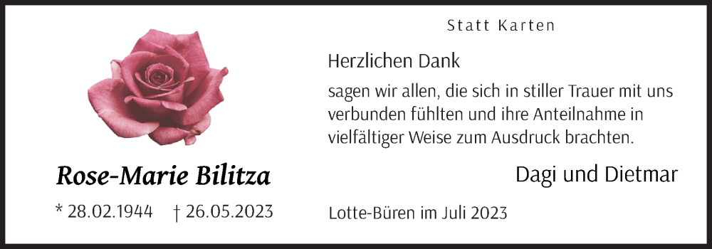  Traueranzeige für Rose-Marie Bilitza vom 08.07.2023 aus Neue Osnabrücker Zeitung GmbH & Co. KG