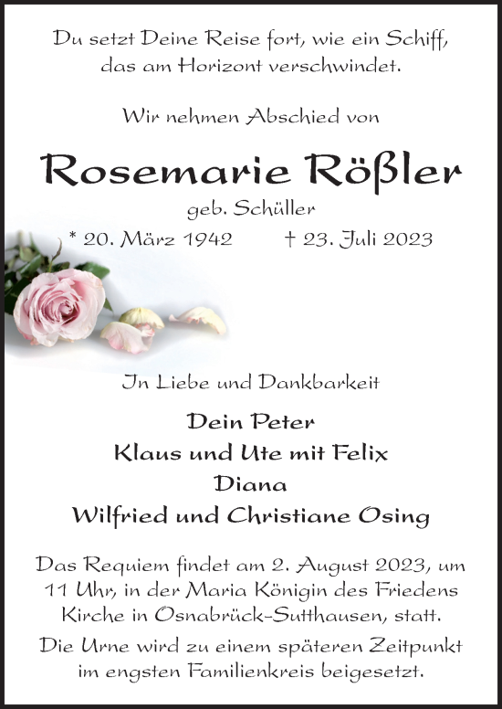 Traueranzeige von Rosemarie Rößler von Neue Osnabrücker Zeitung GmbH & Co. KG