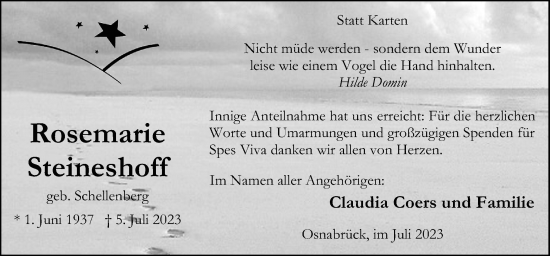 Traueranzeige von Rosemarie Steineshoff von Neue Osnabrücker Zeitung GmbH & Co. KG