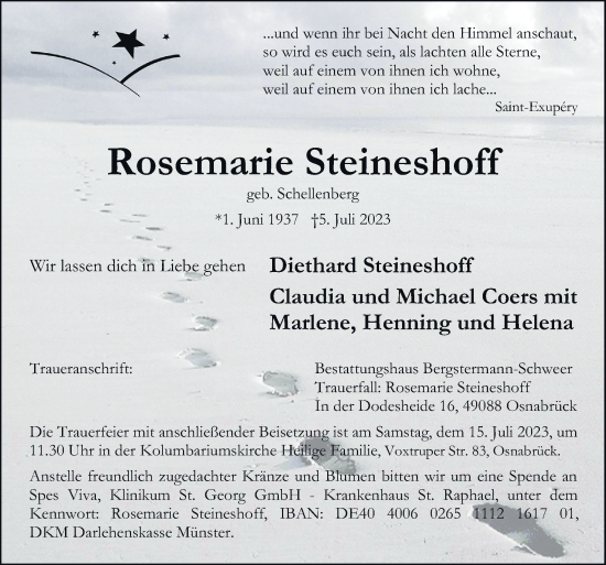 Traueranzeige von Rosemarie Steineshoff von Neue Osnabrücker Zeitung GmbH & Co. KG