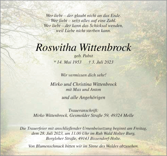 Traueranzeige von Roswitha Wittenbrock von Neue Osnabrücker Zeitung GmbH & Co. KG