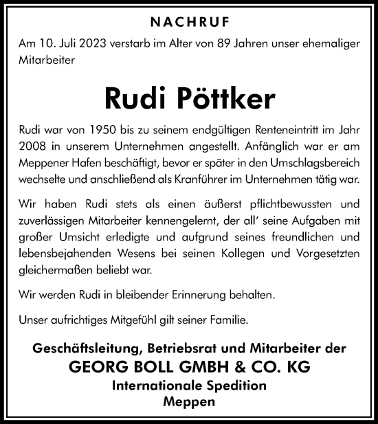 Traueranzeige von Rudi Pöttker von Neue Osnabrücker Zeitung GmbH & Co. KG