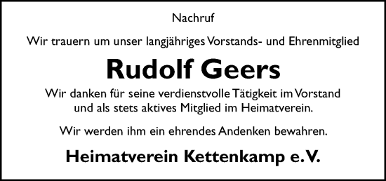 Traueranzeige von Rudolf Geers von Neue Osnabrücker Zeitung GmbH & Co. KG