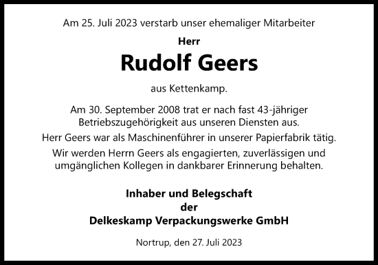 Traueranzeige von Rudolf Geers von Neue Osnabrücker Zeitung GmbH & Co. KG