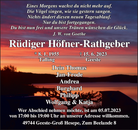 Traueranzeige von Rüdiger Höfner-Rathgeber von Neue Osnabrücker Zeitung GmbH & Co. KG