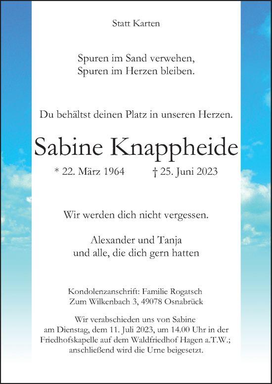 Traueranzeige von Sabine Knappheide von Neue Osnabrücker Zeitung GmbH & Co. KG