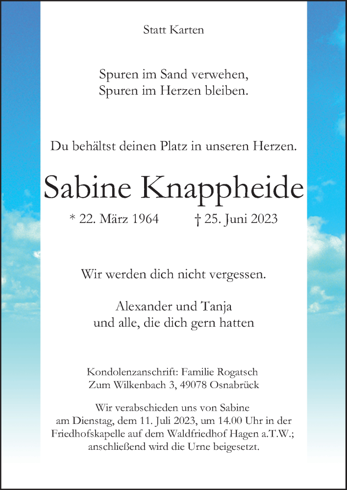  Traueranzeige für Sabine Knappheide vom 01.07.2023 aus Neue Osnabrücker Zeitung GmbH & Co. KG