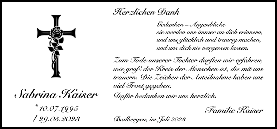 Traueranzeige von Sabrina Kaiser von Neue Osnabrücker Zeitung GmbH & Co. KG