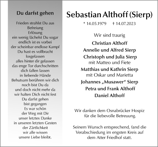 Traueranzeige von Sebastian Althoff von Neue Osnabrücker Zeitung GmbH & Co. KG