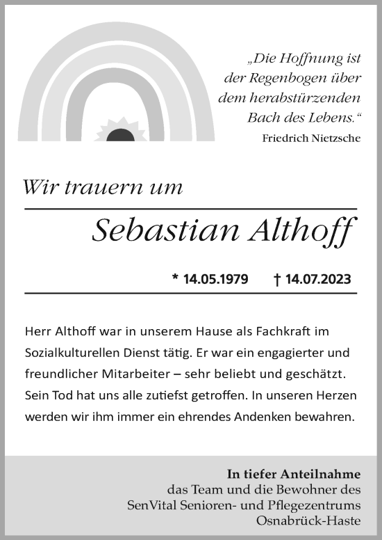 Traueranzeige von Sebastian Althoff von Neue Osnabrücker Zeitung GmbH & Co. KG