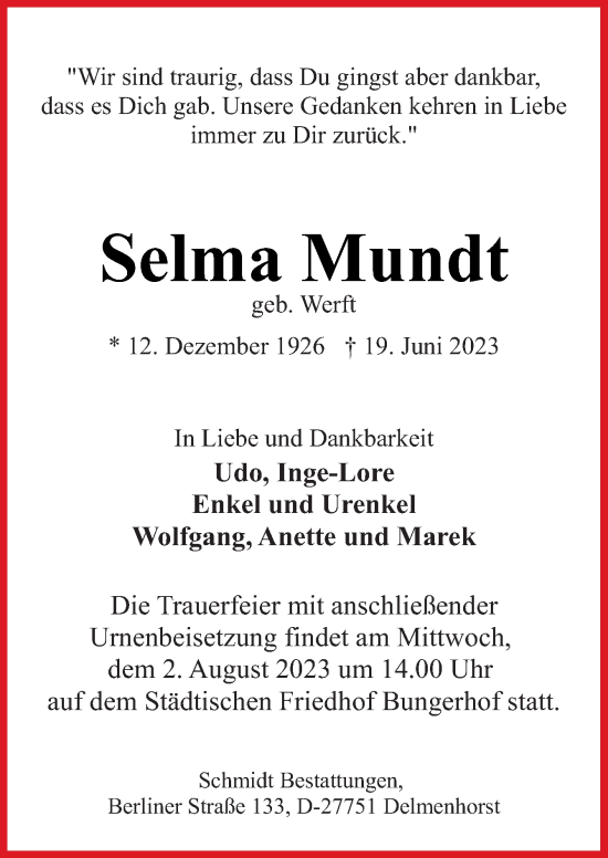 Traueranzeige von Selma Mundt von DK Medien GmbH & Co. KG