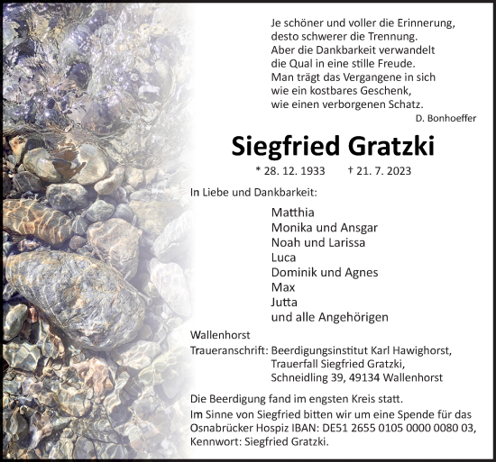 Traueranzeige von Siegfried Gratzki von Neue Osnabrücker Zeitung GmbH & Co. KG