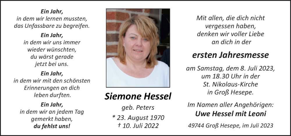  Traueranzeige für Siemone Hessel vom 05.07.2023 aus Neue Osnabrücker Zeitung GmbH & Co. KG