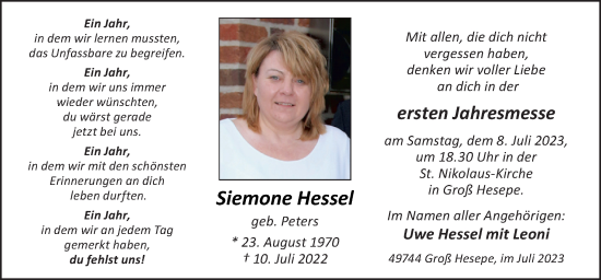 Traueranzeige von Siemone Hessel von Neue Osnabrücker Zeitung GmbH & Co. KG