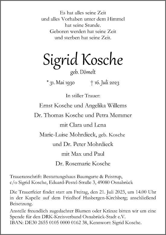 Traueranzeige von Sigrid Kosche von Neue Osnabrücker Zeitung GmbH & Co. KG