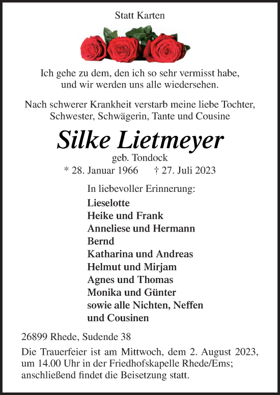 Traueranzeige von Silke Lietmeyer von Neue Osnabrücker Zeitung GmbH & Co. KG