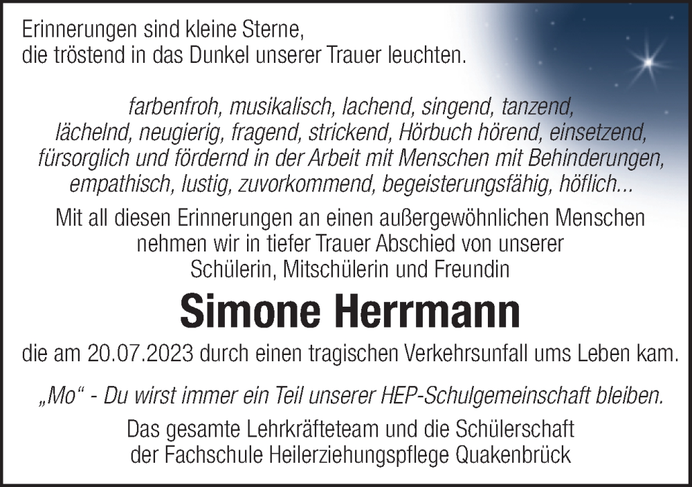  Traueranzeige für Simone Herrmann vom 27.07.2023 aus Neue Osnabrücker Zeitung GmbH & Co. KG