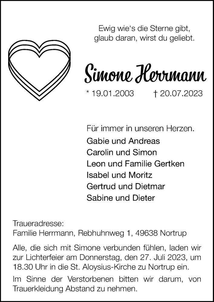  Traueranzeige für Simone Herrmann vom 24.07.2023 aus Neue Osnabrücker Zeitung GmbH & Co. KG