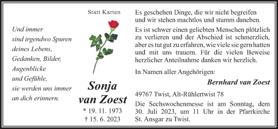 Traueranzeige von Sonja van Zoest von Neue Osnabrücker Zeitung GmbH & Co. KG