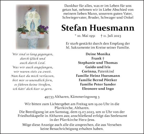 Traueranzeige von Stefan Huesmann von Neue Osnabrücker Zeitung GmbH & Co. KG