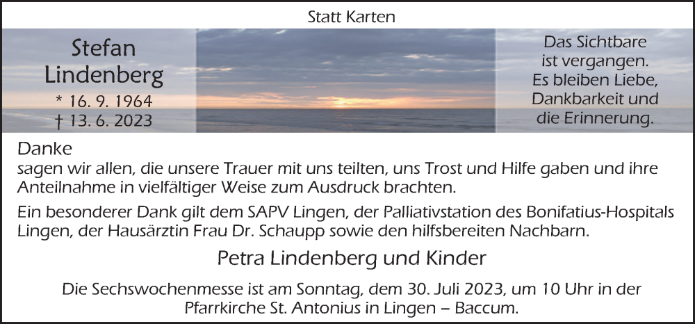  Traueranzeige für Stefan Lindenberg vom 26.07.2023 aus Neue Osnabrücker Zeitung GmbH & Co. KG
