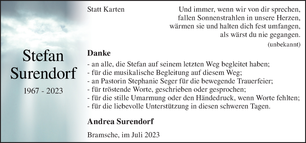  Traueranzeige für Stefan Surendorf vom 08.07.2023 aus Neue Osnabrücker Zeitung GmbH & Co. KG