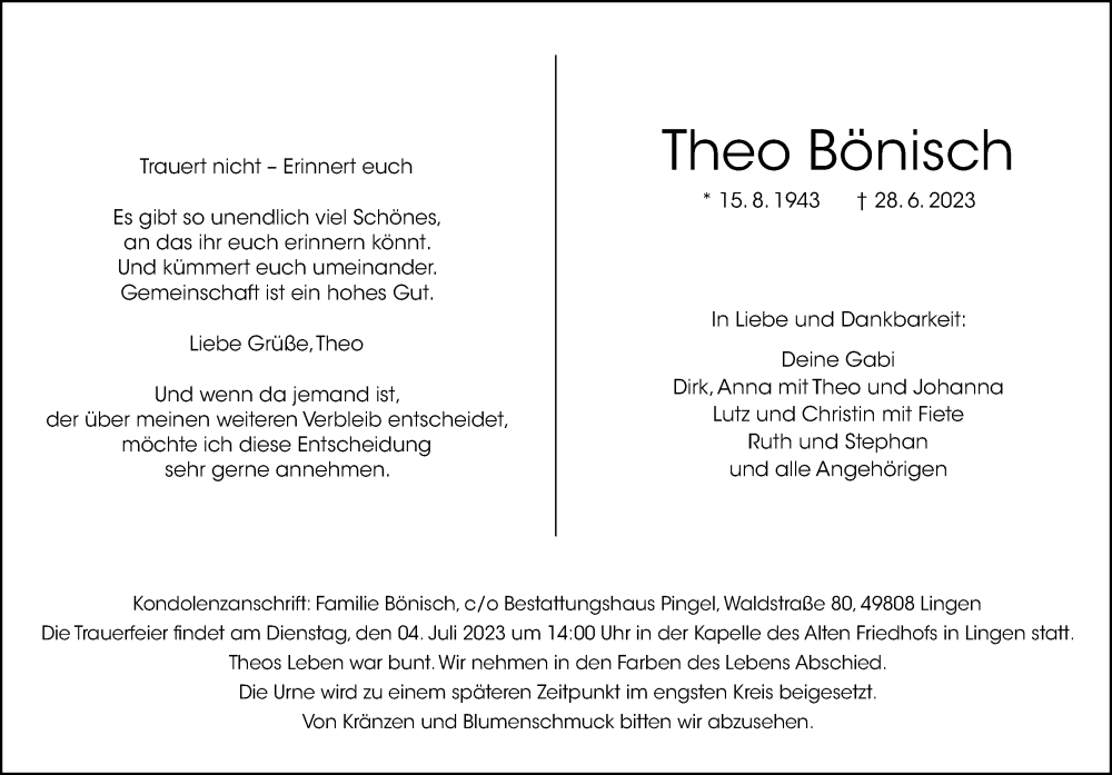  Traueranzeige für Theo Bönisch vom 01.07.2023 aus Neue Osnabrücker Zeitung GmbH & Co. KG