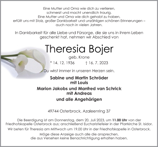 Traueranzeige von Theresia Bojer von Neue Osnabrücker Zeitung GmbH & Co. KG