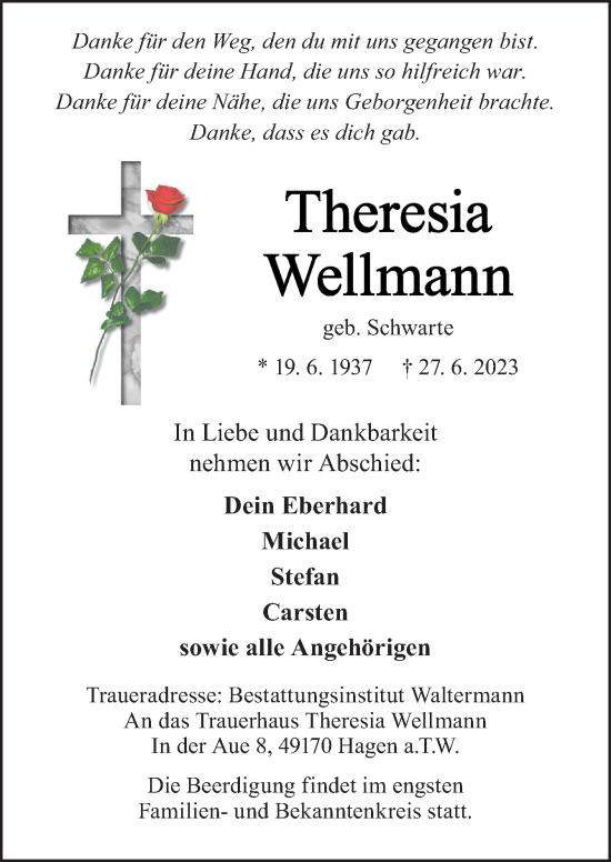 Traueranzeige von Theresia Wellmann von Neue Osnabrücker Zeitung GmbH & Co. KG