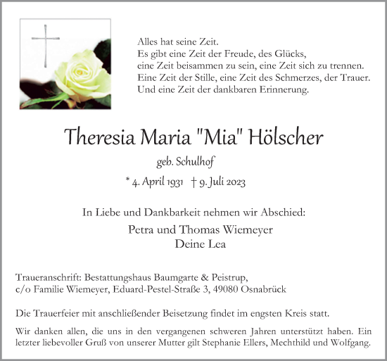 Traueranzeige von Theresia Maria Hölscher von Neue Osnabrücker Zeitung GmbH & Co. KG