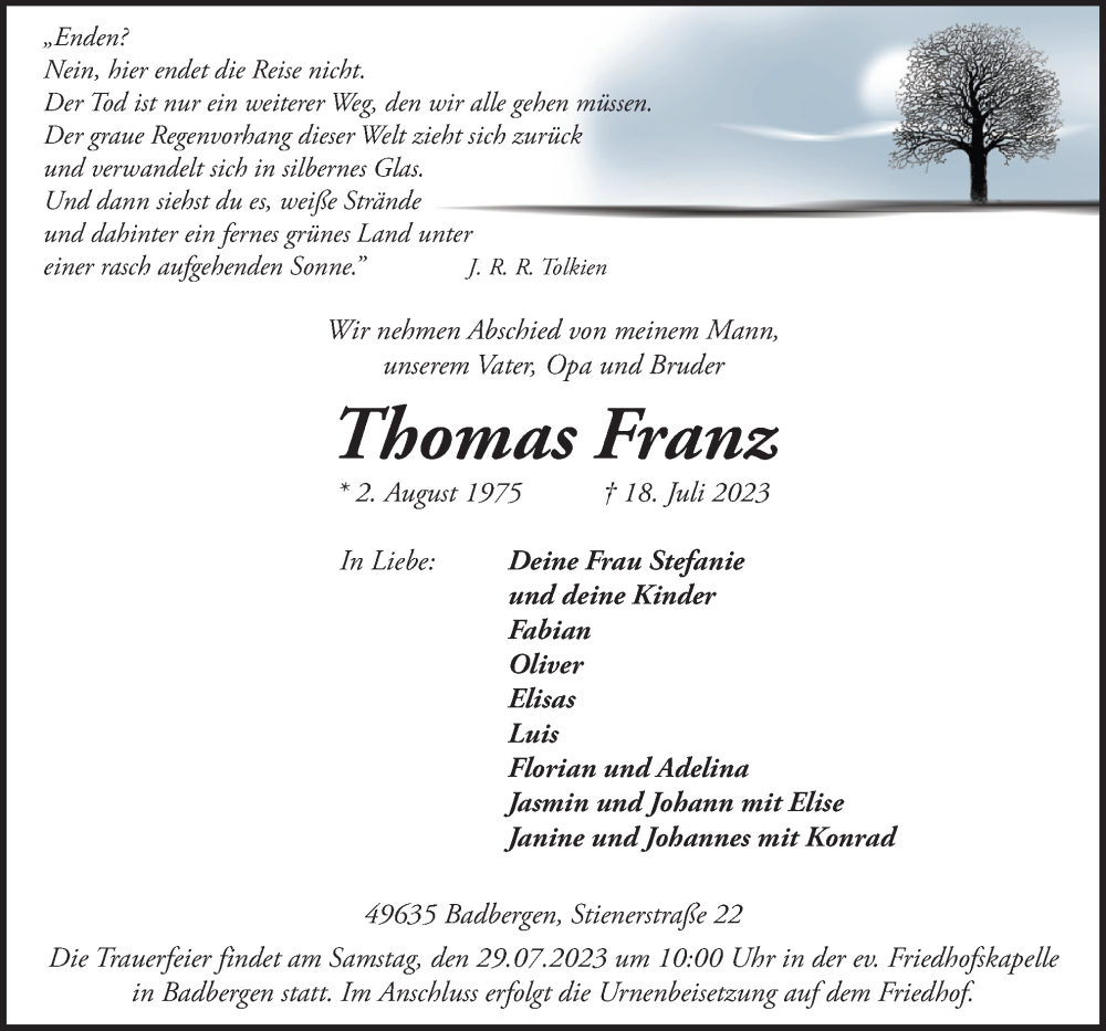  Traueranzeige für Thomas Franz vom 28.07.2023 aus Neue Osnabrücker Zeitung GmbH & Co. KG