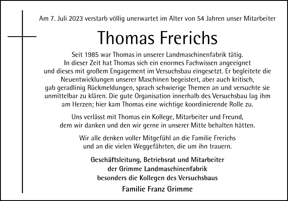  Traueranzeige für Thomas Frerichs vom 22.07.2023 aus Neue Osnabrücker Zeitung GmbH & Co. KG