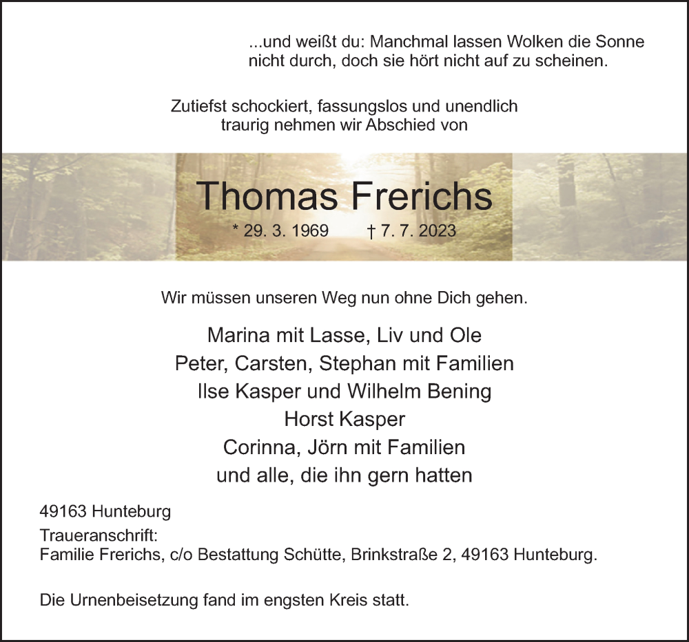  Traueranzeige für Thomas Frerichs vom 22.07.2023 aus Neue Osnabrücker Zeitung GmbH & Co. KG