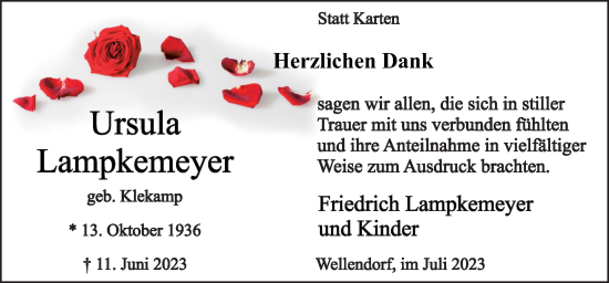 Traueranzeige von Ursula Lampkemeyer von Neue Osnabrücker Zeitung GmbH & Co. KG