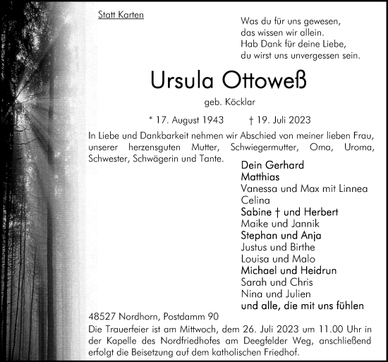 Traueranzeige von Ursula Ottoweß von Neue Osnabrücker Zeitung GmbH & Co. KG