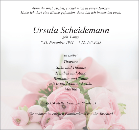 Traueranzeige von Ursula Scheidemann von Neue Osnabrücker Zeitung GmbH & Co. KG