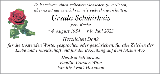 Traueranzeige von Ursula Schüürhuis von Neue Osnabrücker Zeitung GmbH & Co. KG