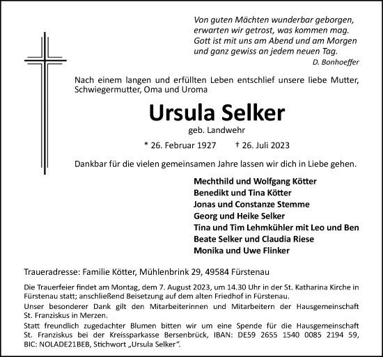Traueranzeige von Ursula Selker von Neue Osnabrücker Zeitung GmbH & Co. KG