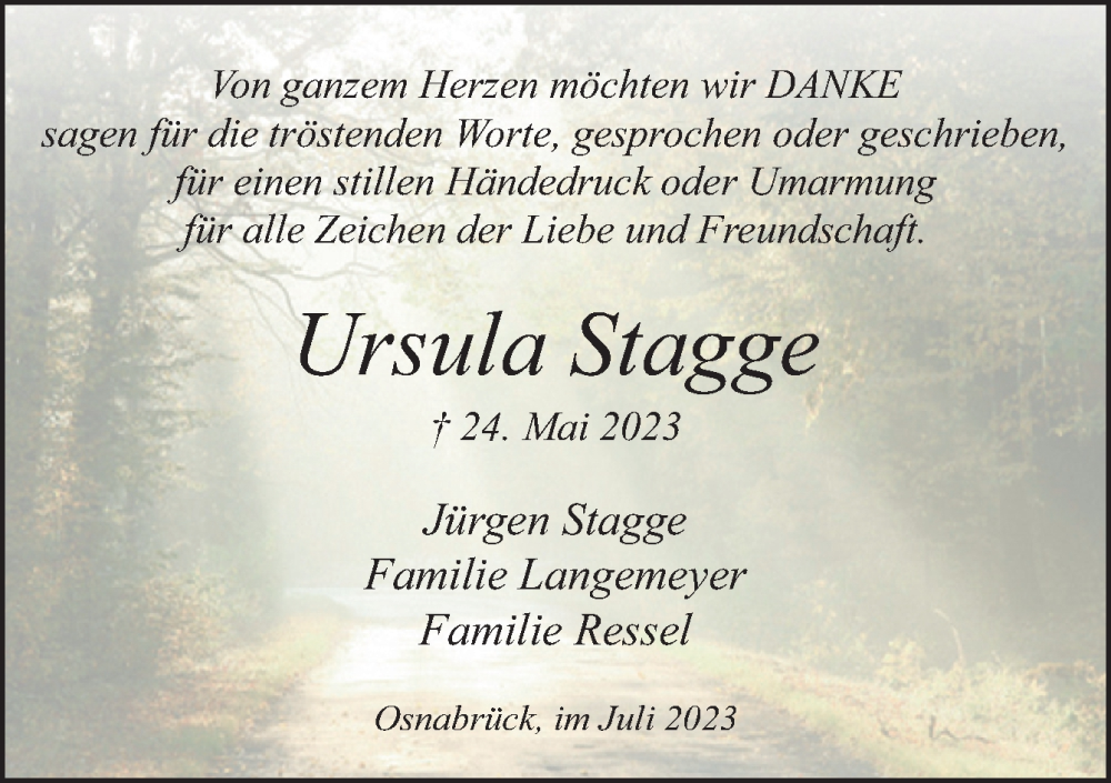  Traueranzeige für Ursula Stagge vom 15.07.2023 aus Neue Osnabrücker Zeitung GmbH & Co. KG