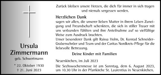 Traueranzeige von Ursula Zimmermann von Neue Osnabrücker Zeitung GmbH & Co. KG