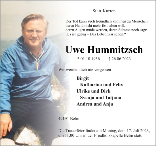 Traueranzeige von Uwe Hummitzsch von Neue Osnabrücker Zeitung GmbH & Co. KG
