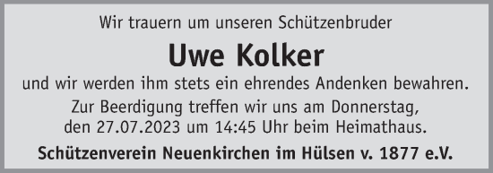 Traueranzeige von Uwe Kolker von Neue Osnabrücker Zeitung GmbH & Co. KG