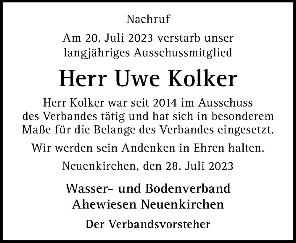  Traueranzeige für Uwe Kolker vom 28.07.2023 aus Neue Osnabrücker Zeitung GmbH & Co. KG