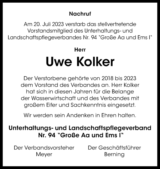 Traueranzeige von Uwe Kolker von Neue Osnabrücker Zeitung GmbH & Co. KG