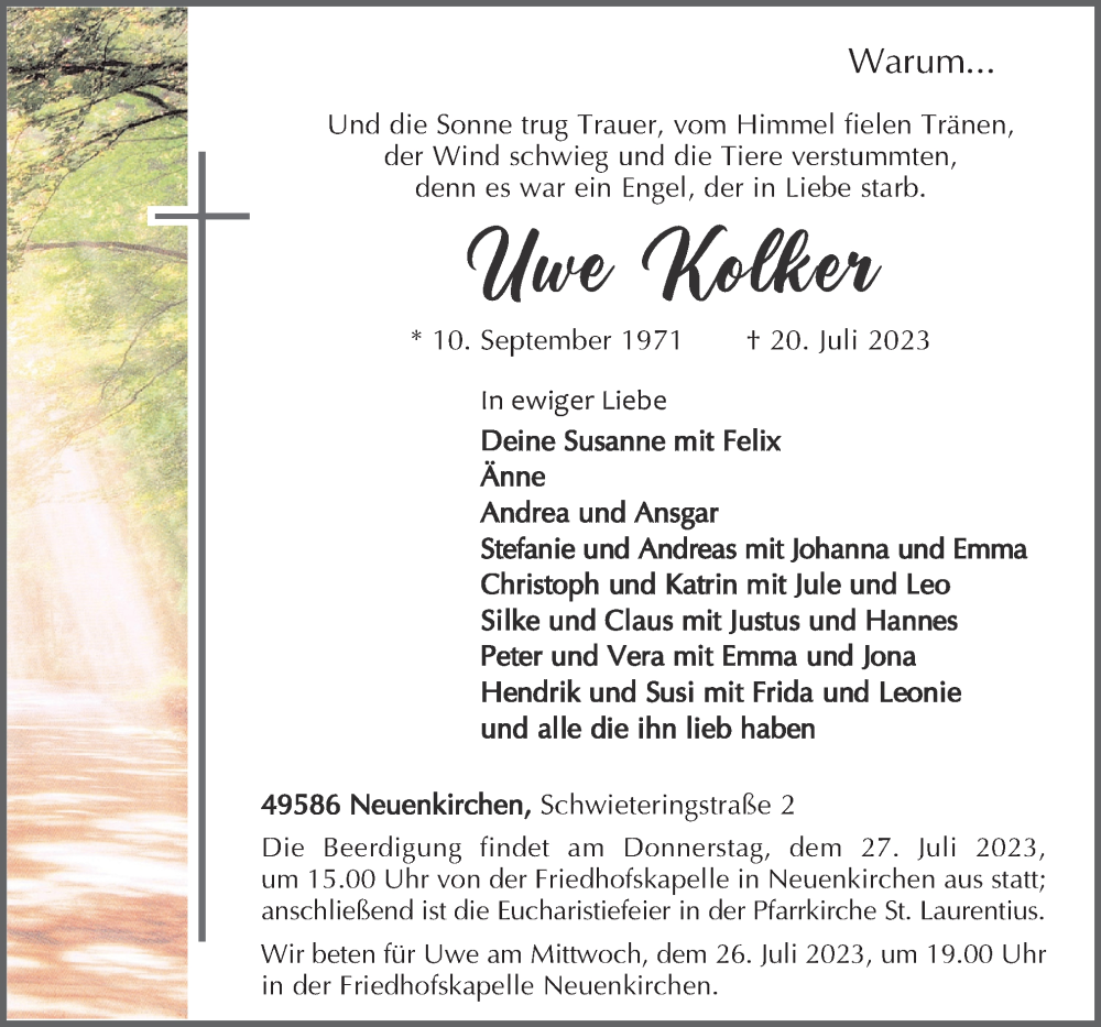  Traueranzeige für Uwe Kolker vom 24.07.2023 aus Neue Osnabrücker Zeitung GmbH & Co. KG