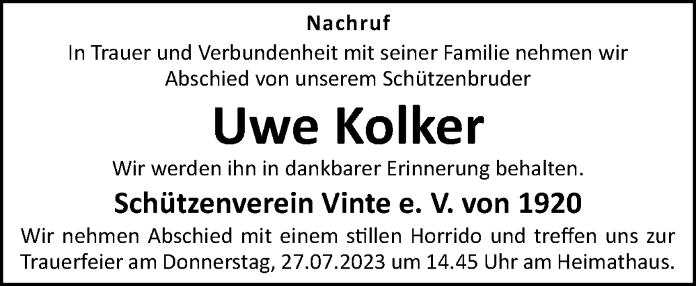  Traueranzeige für Uwe Kolker vom 25.07.2023 aus Neue Osnabrücker Zeitung GmbH & Co. KG