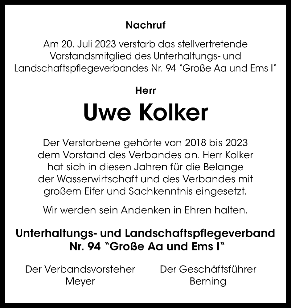  Traueranzeige für Uwe Kolker vom 26.07.2023 aus Neue Osnabrücker Zeitung GmbH & Co. KG